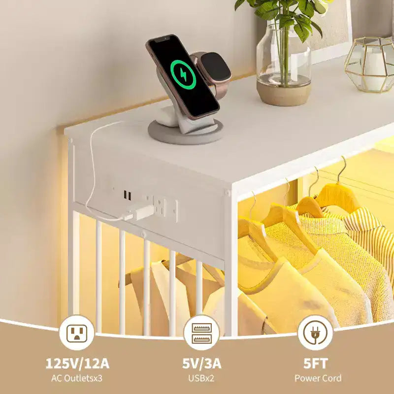 Commode à 6 tiroirs avec penderie, commode avec station de charge et lumières LED, commodes pour enfants avec porte-chaussures, commode pour chambre à coucher