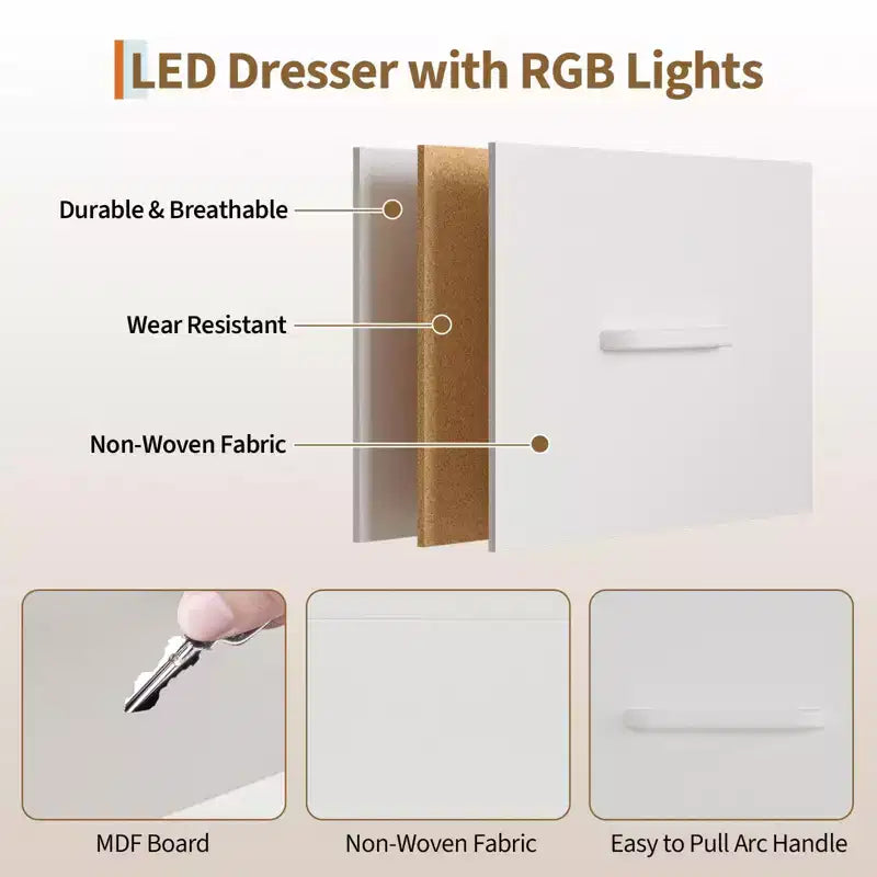 Commode à 6 tiroirs avec penderie, commode avec station de charge et lumières LED, commodes pour enfants avec porte-chaussures, commode pour chambre à coucher