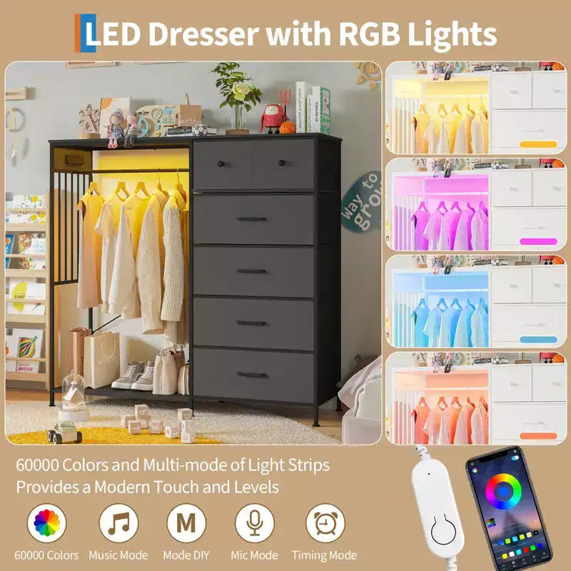 Commode à 6 tiroirs avec penderie, commode avec station de charge et lumières LED, commodes pour enfants avec porte-chaussures, commode pour chambre à coucher