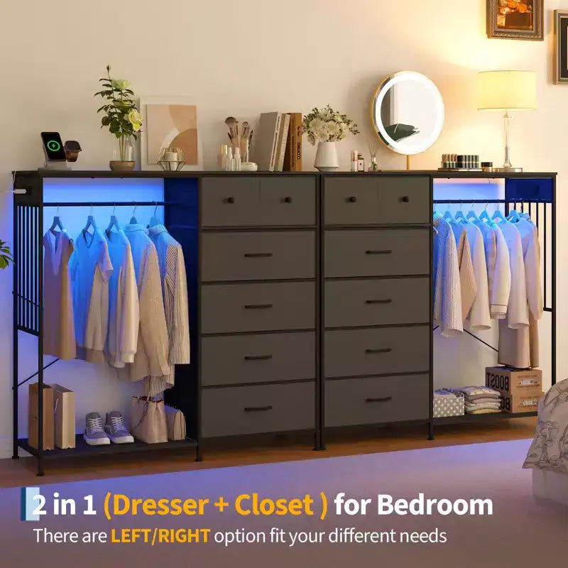 Commode à 6 tiroirs avec penderie, commode avec station de charge et lumières LED, commodes pour enfants avec porte-chaussures, commode pour chambre à coucher