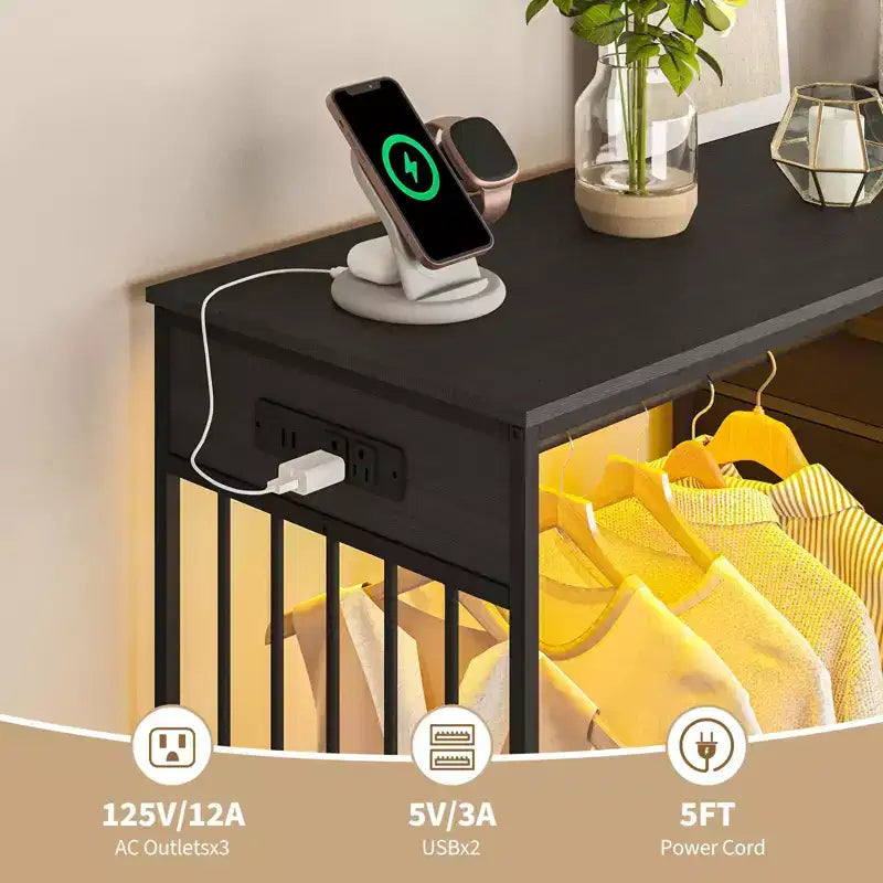 Commode à 6 tiroirs avec penderie, commode avec station de charge et lumières LED, commodes pour enfants avec porte-chaussures, commode pour chambre à coucher