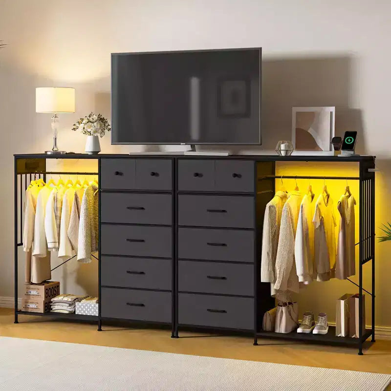 Commode à 6 tiroirs avec penderie, commode avec station de charge et lumières LED, commodes pour enfants avec porte-chaussures, commode pour chambre à coucher