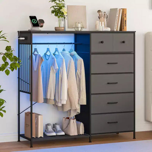 6-Drawer Dresser w/Hanging Rack, Dresser w/Charging Station & LED Lights, Kids Dressers with Shoe Rack, Chest of Drawers for Bedroom