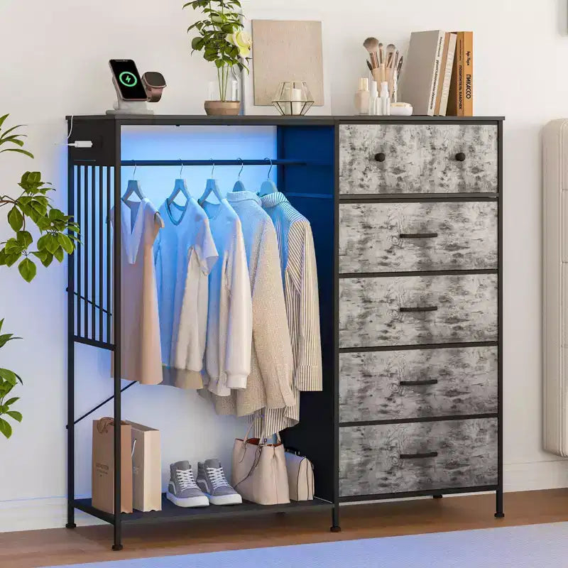 Commode à 6 tiroirs avec penderie, commode avec station de charge et lumières LED, commodes pour enfants avec porte-chaussures, commode pour chambre à coucher