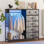 Commode à 6 tiroirs avec penderie, commode avec station de charge et lumières LED, commodes pour enfants avec porte-chaussures, commode pour chambre à coucher