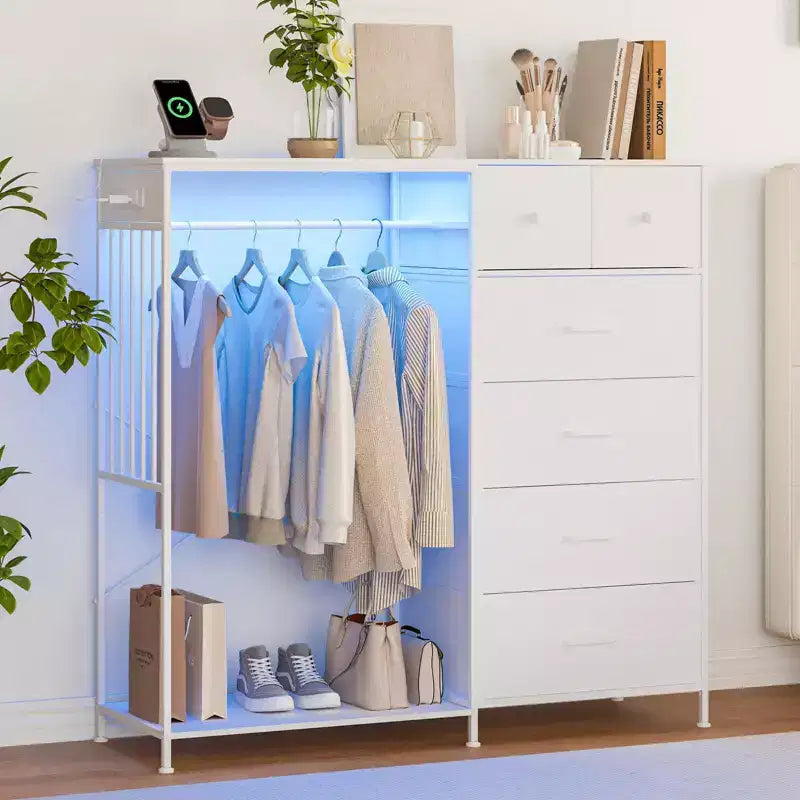Commode à 6 tiroirs avec penderie, commode avec station de charge et lumières LED, commodes pour enfants avec porte-chaussures, commode pour chambre à coucher