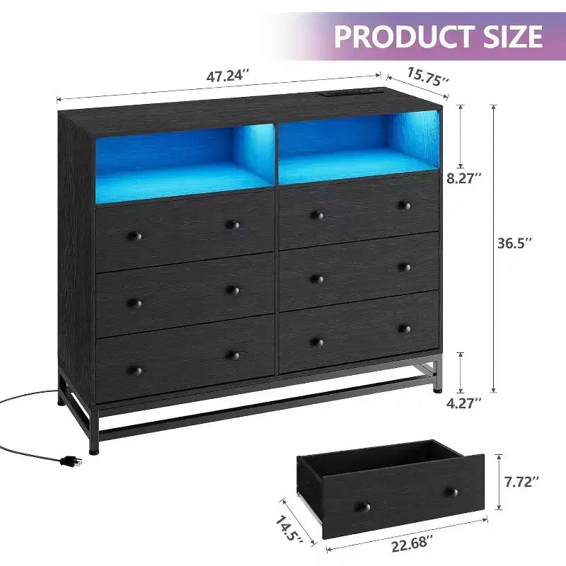 Commode de chambre à 6 tiroirs en bois avec étagères ouvertes, 120 cm de large, station de charge