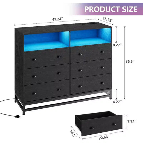 Commode de chambre à 6 tiroirs en bois avec étagères ouvertes, 120 cm de large, station de charge