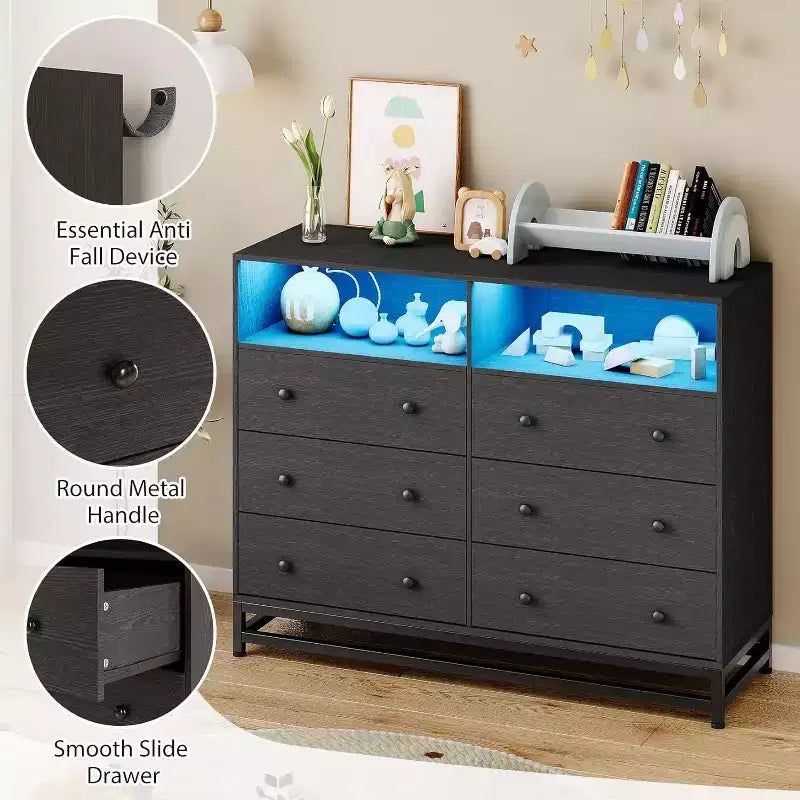 Commode de chambre à 6 tiroirs en bois avec étagères ouvertes, 120 cm de large, station de charge