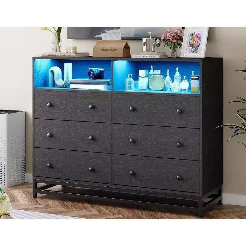 Commode de chambre à 6 tiroirs en bois avec étagères ouvertes, 120 cm de large, station de charge