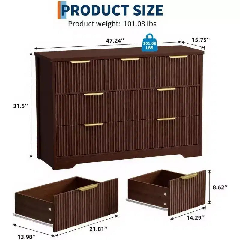 Commode à 7 tiroirs cannelés, commode moderne de 120 cm de large avec poignée métallique pour chambre à coucher, noyer