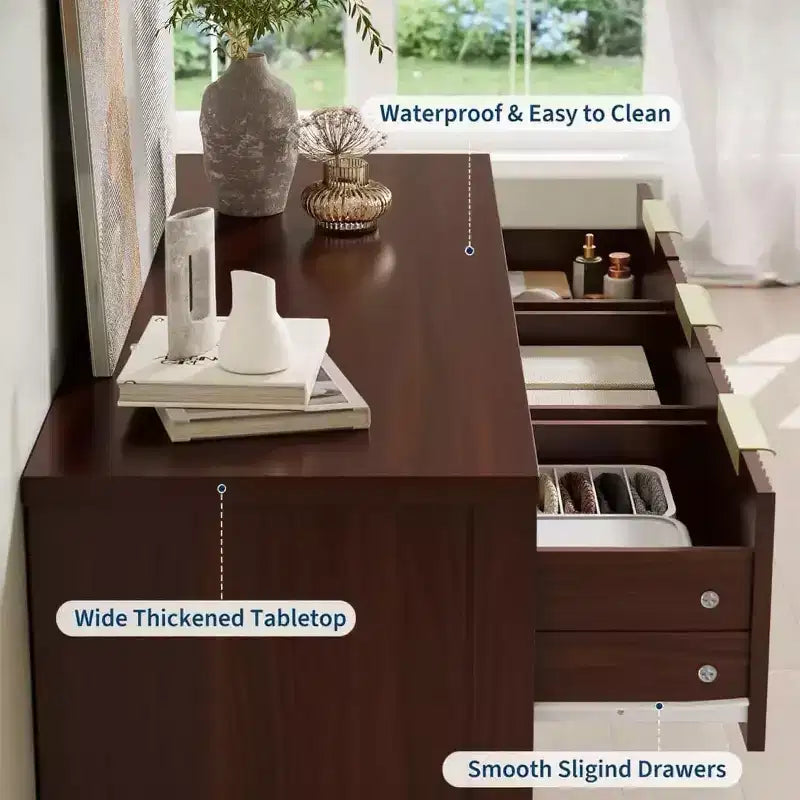 Commode à 7 tiroirs cannelés, commode moderne de 120 cm de large avec poignée métallique pour chambre à coucher, noyer