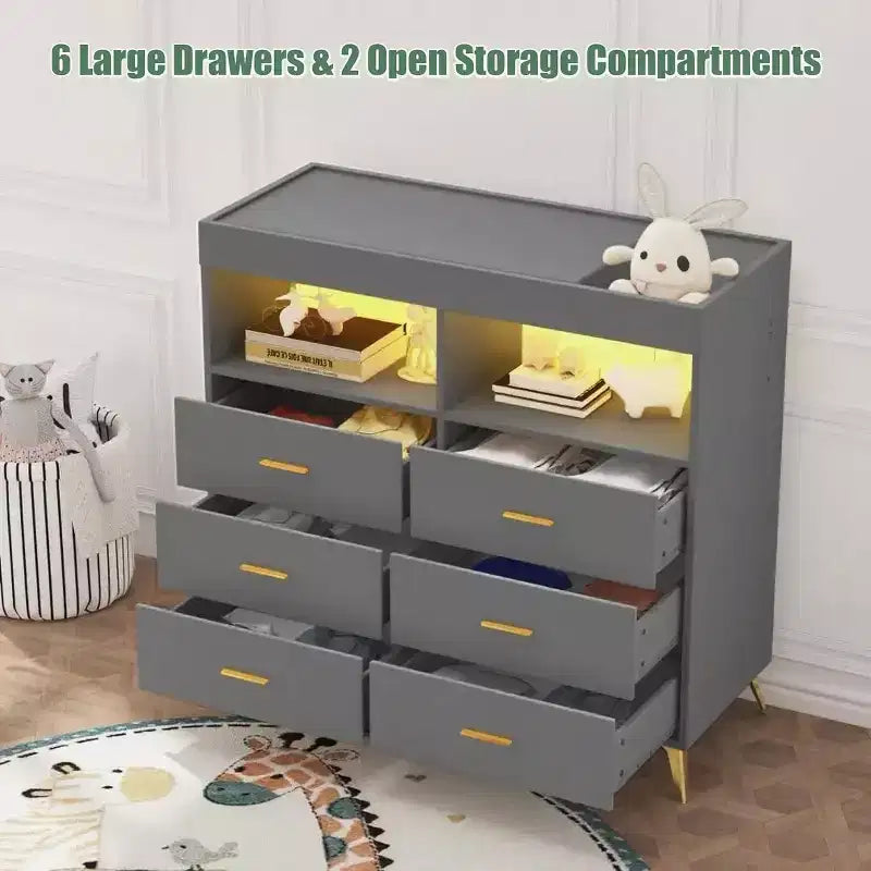 Commode de chambre de bébé avec table à langer et lumières LED, commode de bébé à 6 tiroirs avec ports USB, certifiée anti-basculement