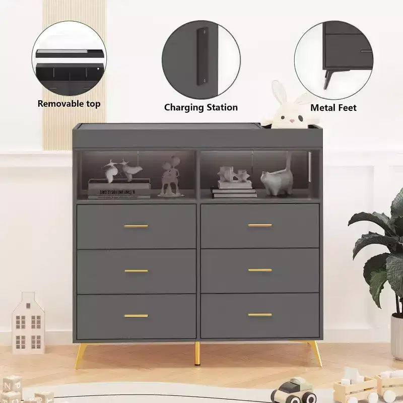 Commode de chambre de bébé avec table à langer et lumières LED, commode de bébé à 6 tiroirs avec ports USB, certifiée anti-basculement