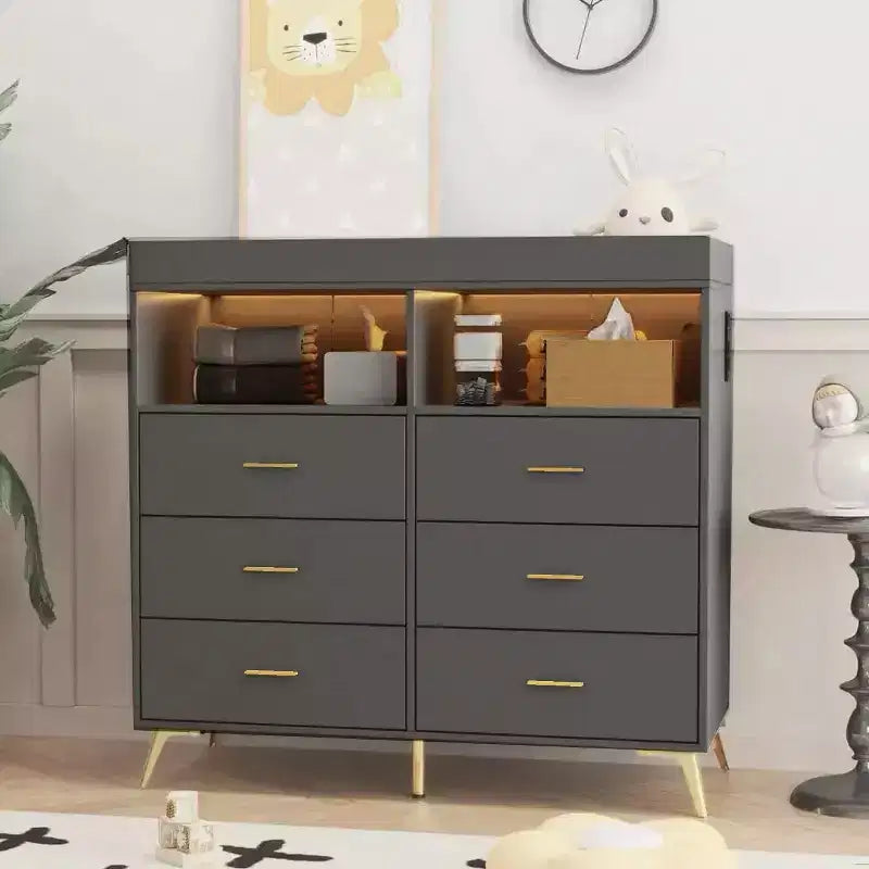 Commode de chambre de bébé avec table à langer et lumières LED, commode de bébé à 6 tiroirs avec ports USB, certifiée anti-basculement