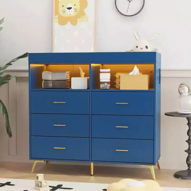 Commode de chambre de bébé avec table à langer et lumières LED, commode de bébé à 6 tiroirs avec ports USB, certifiée anti-basculement