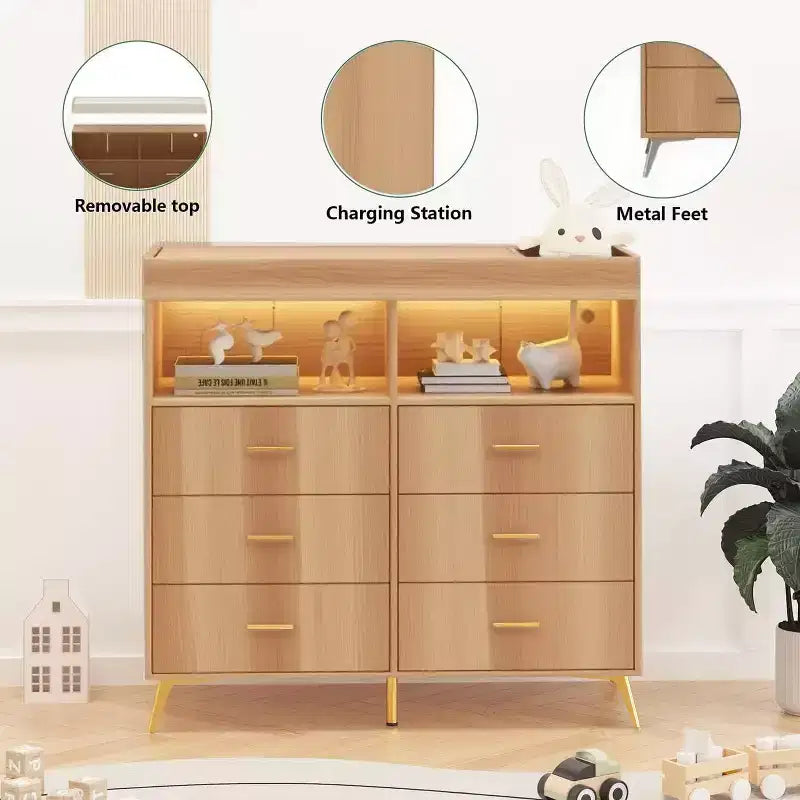 Commode de chambre de bébé avec table à langer et lumières LED, commode de bébé à 6 tiroirs avec ports USB, certifiée anti-basculement