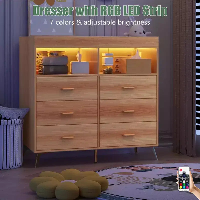 Commode de chambre de bébé avec table à langer et lumières LED, commode de bébé à 6 tiroirs avec ports USB, certifiée anti-basculement