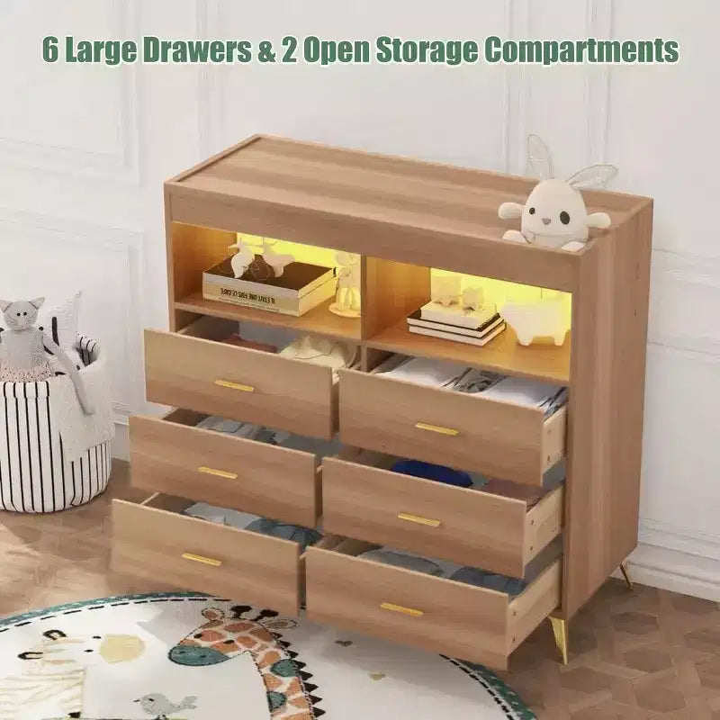 Commode de chambre de bébé avec table à langer et lumières LED, commode de bébé à 6 tiroirs avec ports USB, certifiée anti-basculement