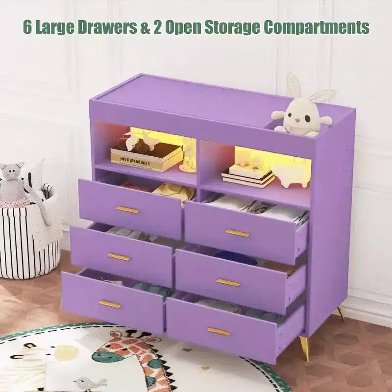 Commode de chambre de bébé avec table à langer et lumières LED, commode de bébé à 6 tiroirs avec ports USB, certifiée anti-basculement