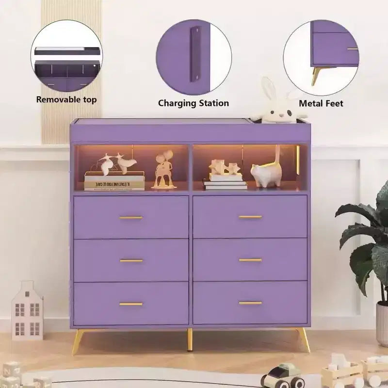Commode de chambre de bébé avec table à langer et lumières LED, commode de bébé à 6 tiroirs avec ports USB, certifiée anti-basculement