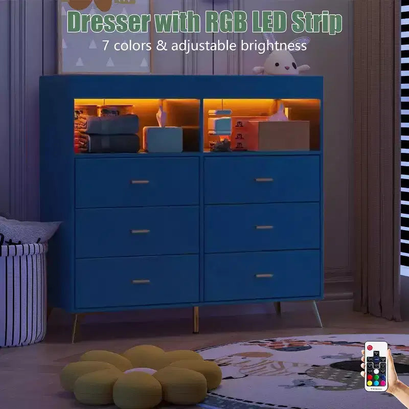 Commode de chambre de bébé avec table à langer et lumières LED, commode de bébé à 6 tiroirs avec ports USB, certifiée anti-basculement