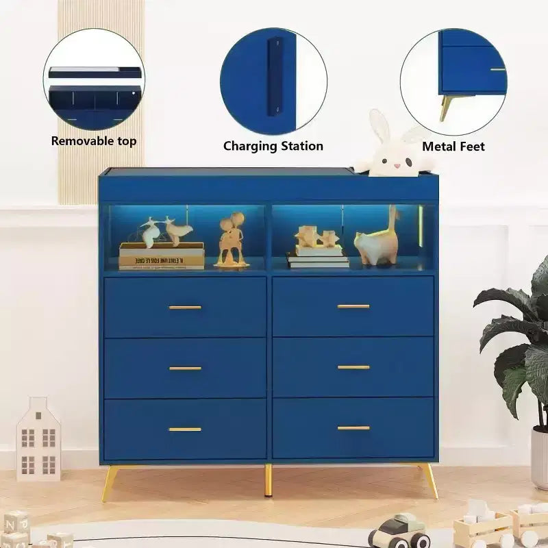 Commode de chambre de bébé avec table à langer et lumières LED, commode de bébé à 6 tiroirs avec ports USB, certifiée anti-basculement