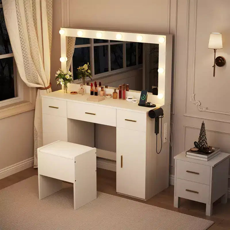 Coiffeuse de maquillage Acekool avec miroir, coiffeuse moderne blanche avec tiroirs et tabouret de rangement, pour chambre à coucher ou appartement