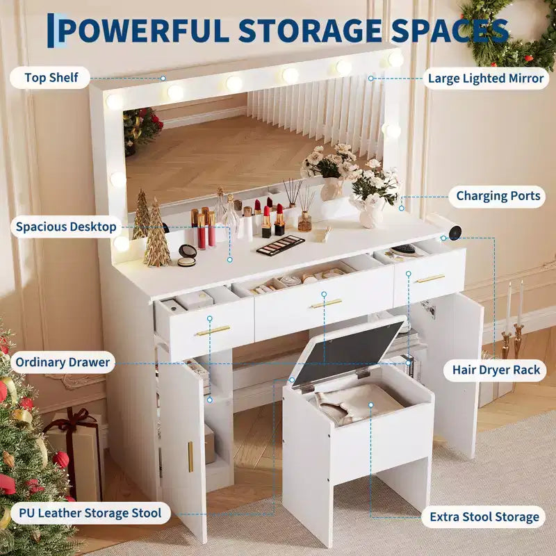 Coiffeuse de maquillage Acekool avec miroir, coiffeuse moderne blanche avec tiroirs et tabouret de rangement, pour chambre à coucher ou appartement