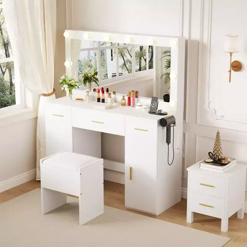 Coiffeuse de maquillage Acekool avec miroir, coiffeuse moderne blanche avec tiroirs et tabouret de rangement, pour chambre à coucher ou appartement