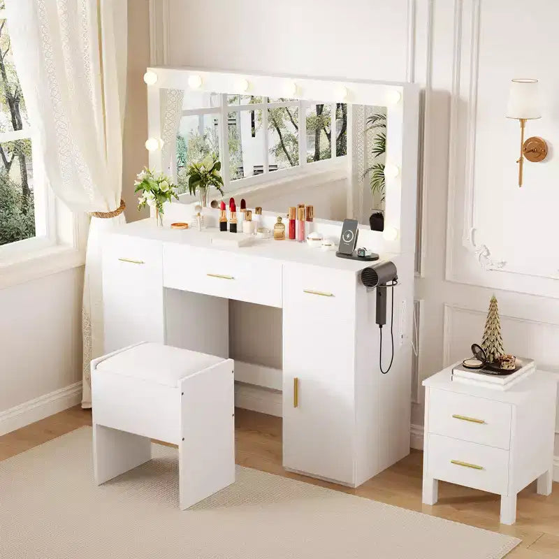 Coiffeuse de maquillage Acekool avec miroir, coiffeuse moderne blanche avec tiroirs et tabouret de rangement, pour chambre à coucher ou appartement