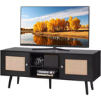 Rattan TV Stand for 55 in TV Mid-Century Console with Adjustable Shelf Cable Management Black
