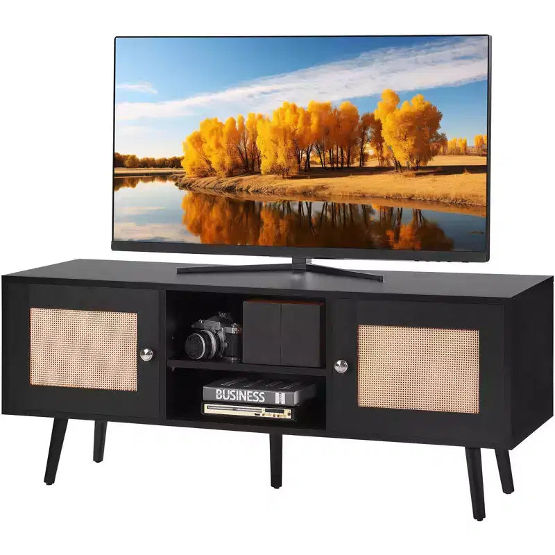 Rattan TV Stand for 55 in TV Mid-Century Console with Adjustable Shelf Cable Management Black