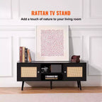 Meuble TV en rotin pour téléviseur 55 pouces Console Mid-Century avec étagère réglable et gestion des câbles Noir