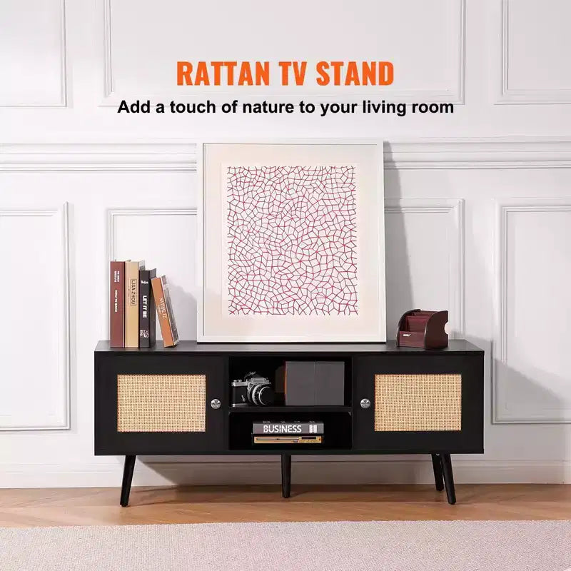 Meuble TV en rotin pour téléviseur 55 pouces Console Mid-Century avec étagère réglable et gestion des câbles Noir