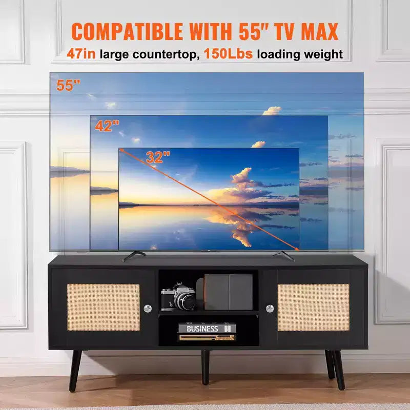 Meuble TV en rotin pour téléviseur 55 pouces Console Mid-Century avec étagère réglable et gestion des câbles Noir