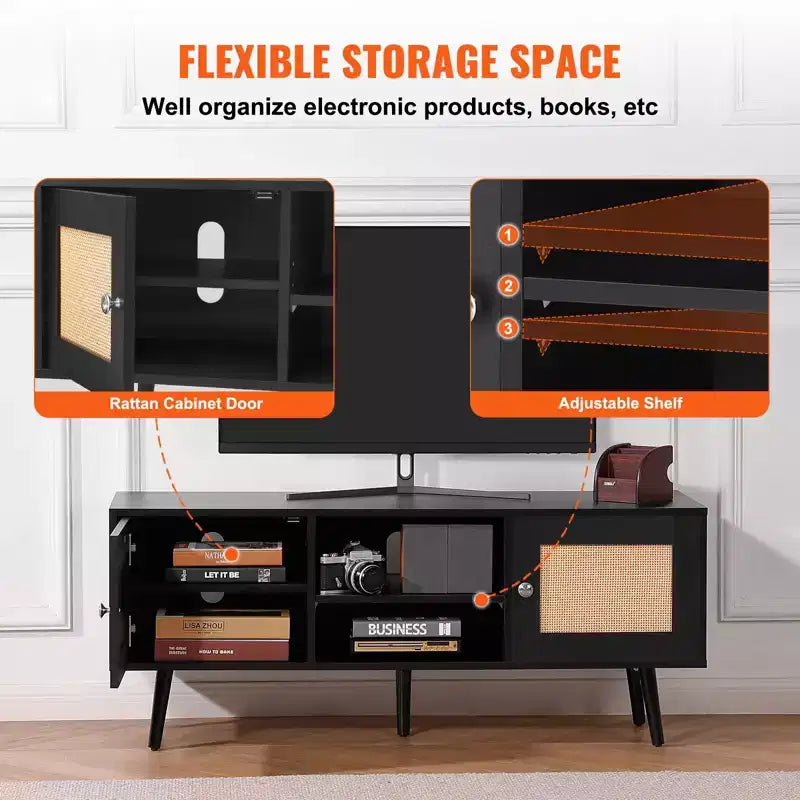 Meuble TV en rotin pour téléviseur 55 pouces Console Mid-Century avec étagère réglable et gestion des câbles Noir
