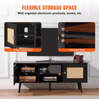 Meuble TV en rotin pour téléviseur 55 pouces Console Mid-Century avec étagère réglable et gestion des câbles Noir