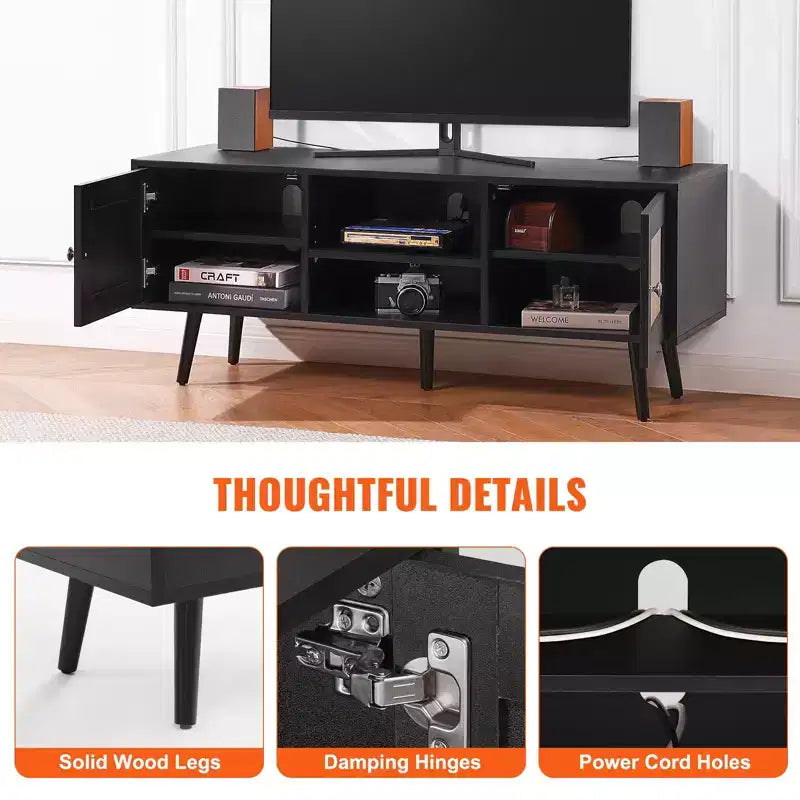 Meuble TV en rotin pour téléviseur 55 pouces Console Mid-Century avec étagère réglable et gestion des câbles Noir