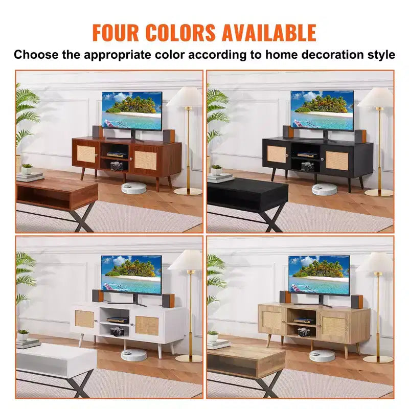 Meuble TV en rotin pour téléviseur 55 pouces Console Mid-Century avec étagère réglable et gestion des câbles Noir