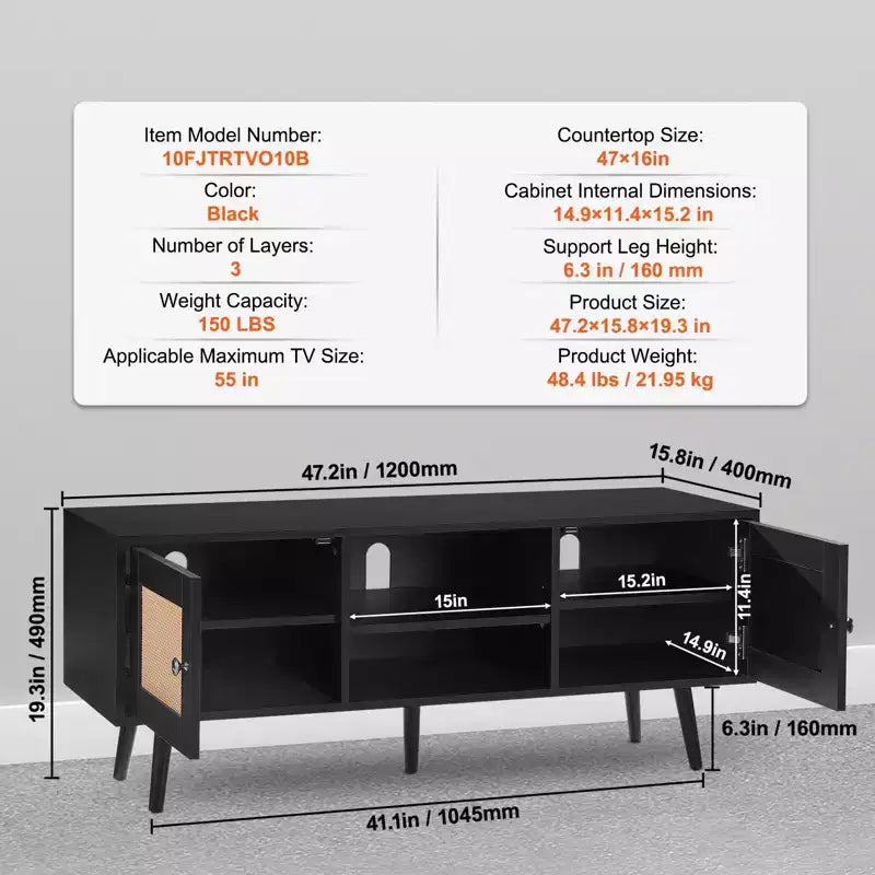 Meuble TV en rotin pour téléviseur 55 pouces Console Mid-Century avec étagère réglable et gestion des câbles Noir