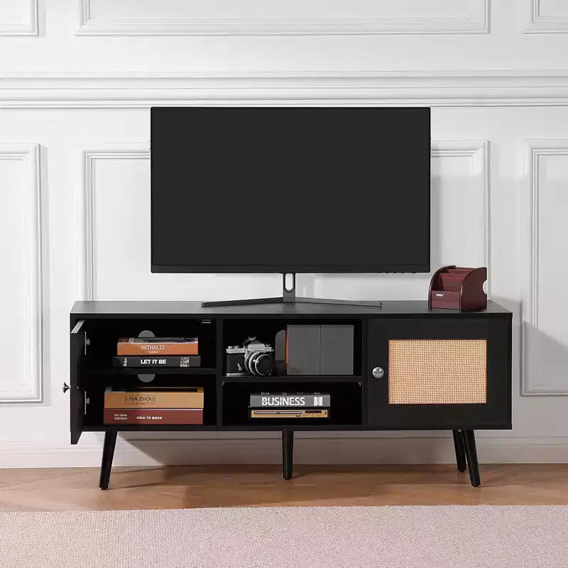 Meuble TV en rotin pour téléviseur 55 pouces Console Mid-Century avec étagère réglable et gestion des câbles Noir