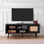 Meuble TV en rotin pour téléviseur 55 pouces Console Mid-Century avec étagère réglable et gestion des câbles Noir