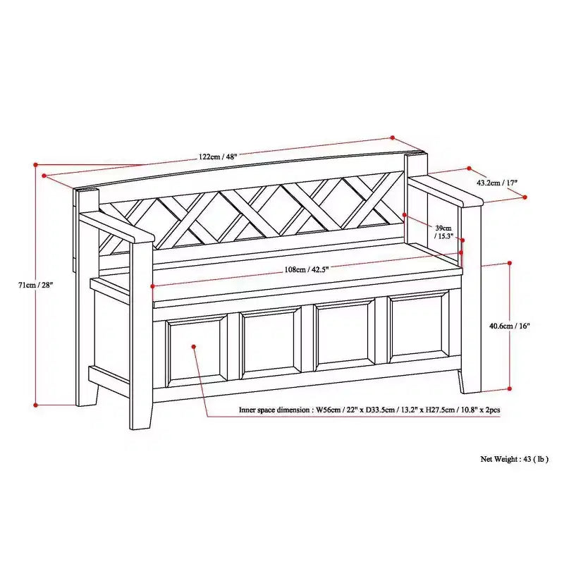 Banc de rangement d'entrée de 48 po en bois massif de style transitionnel Halifax