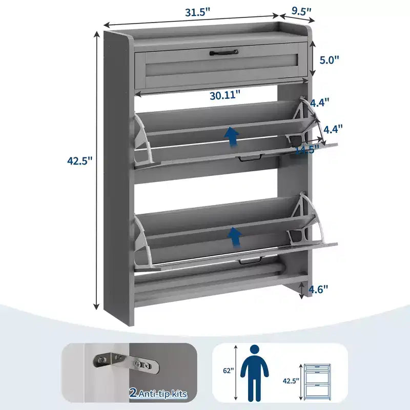 Meuble à chaussures avec 2 abattants et 1 tiroir supérieur, organisateur de chaussures en bois avec étagère réglable, meuble de rangement autonome pour l'entrée et le salon