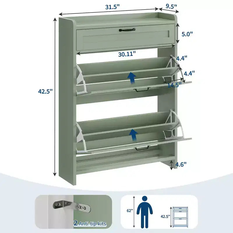 Meuble à chaussures avec 2 abattants et 1 tiroir supérieur, organisateur de chaussures en bois avec étagère réglable, meuble de rangement autonome pour l'entrée et le salon