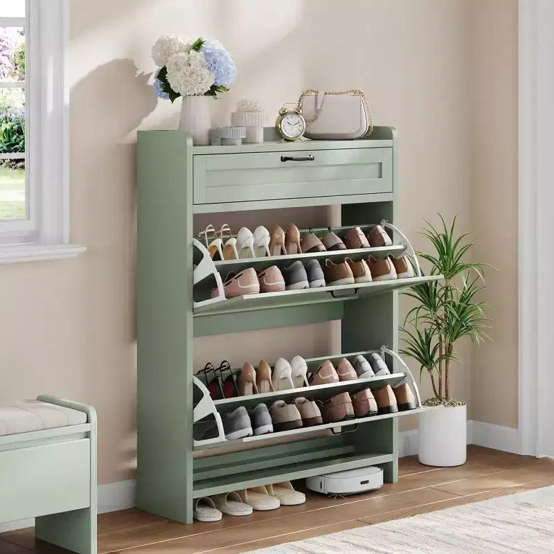 Meuble à chaussures avec 2 abattants et 1 tiroir supérieur, organisateur de chaussures en bois avec étagère réglable, meuble de rangement autonome pour l'entrée et le salon