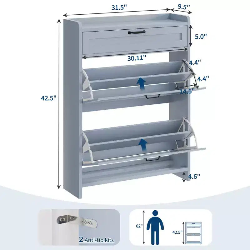 Meuble à chaussures avec 2 abattants et 1 tiroir supérieur, organisateur de chaussures en bois avec étagère réglable, meuble de rangement autonome pour l'entrée et le salon
