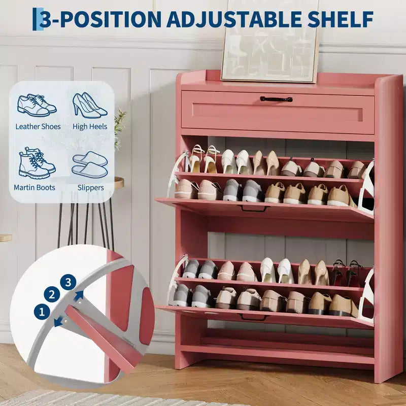 Meuble à chaussures avec 2 abattants et 1 tiroir supérieur, organisateur de chaussures en bois avec étagère réglable, meuble de rangement autonome pour l'entrée et le salon