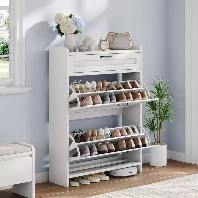Meuble à chaussures avec 2 abattants et 1 tiroir supérieur, organisateur de chaussures en bois avec étagère réglable, meuble de rangement autonome pour l'entrée et le salon